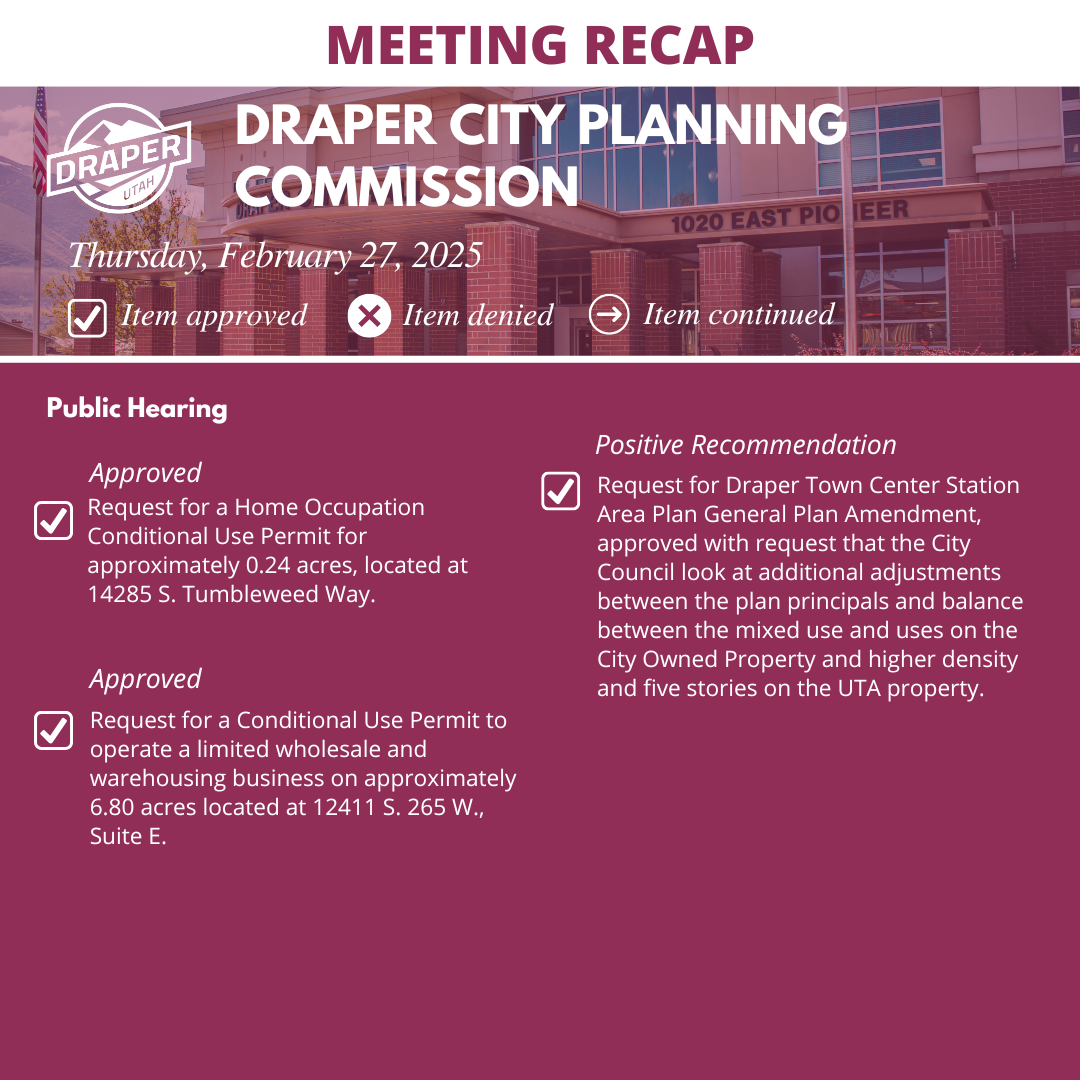 Graphic showing items approved and forwarded for a positive recommendation from the February 27, 2025 planning commission meeting