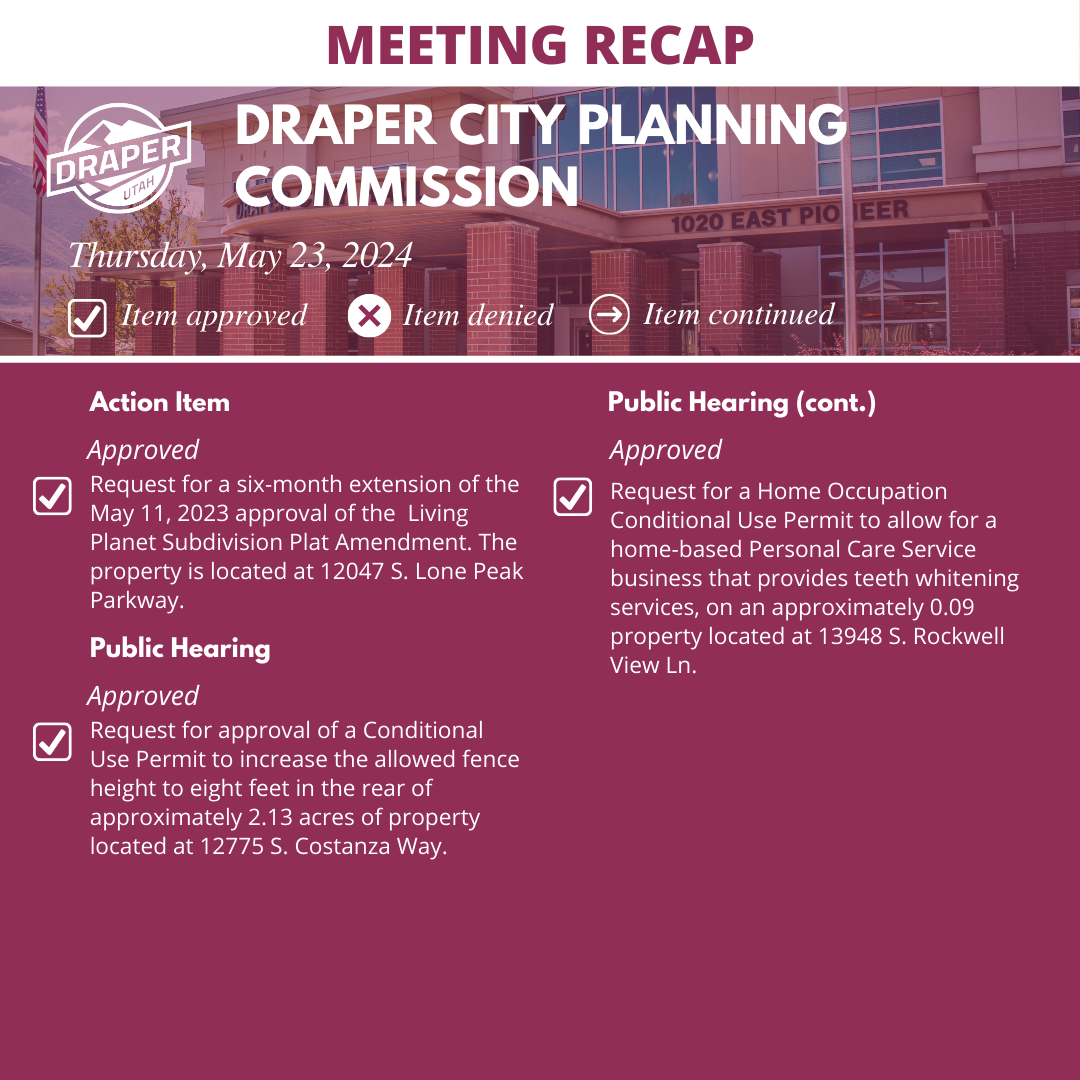 Graphic summary of action taken at Draper City Planning Commission meeting on May 23, 2024